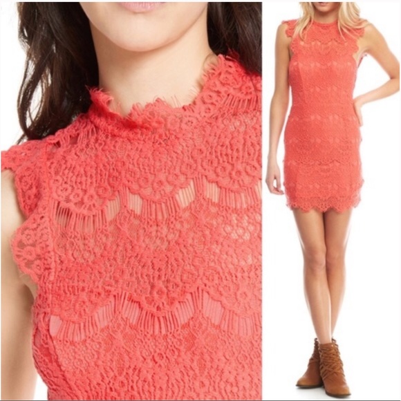 Coral Lace Open Back Mini Bodycon Dress - Picture 2 of 5